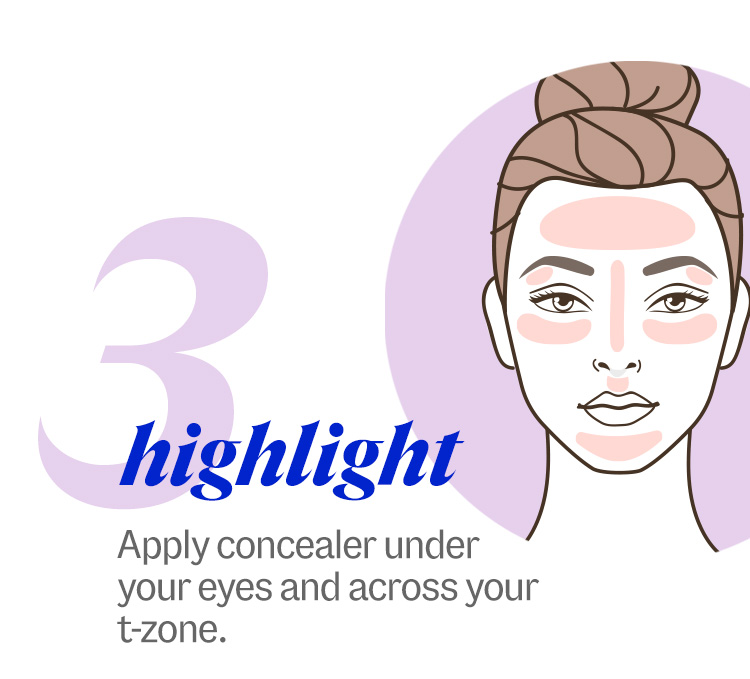 3. highlight. Apply concealer under your eyes and across your t-zone.