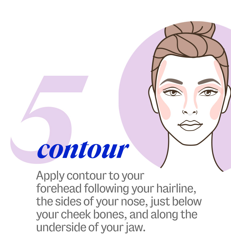 5. contour Apply contour to your forehead following your hairline, the sides of your nose, just below your cheekbones, and along the underside of your jaw.